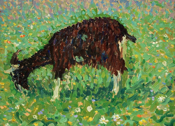 Pointillist painting of a dark goat grazing in a green meadow scattered with wildflowers.