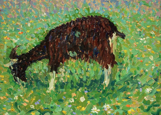 Pointillist painting of a dark goat grazing in a green meadow scattered with wildflowers.