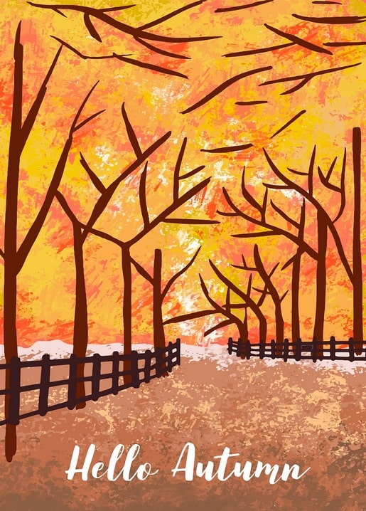 Painterly postcard of bare autumn trees and a wooden fence against a glowing orange sky