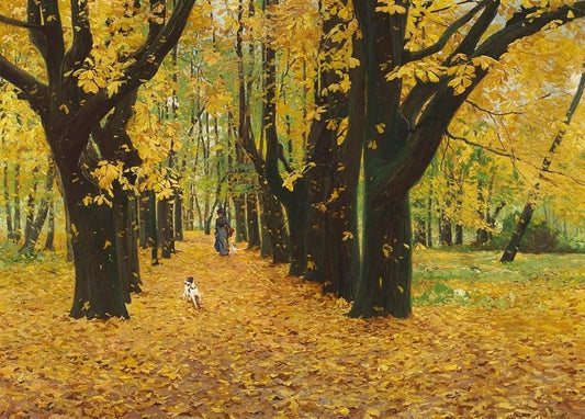 Goldene Herbstallee mit Laub, Frau mit Hunden, Gemälde von Gorstkin-Wywiórski