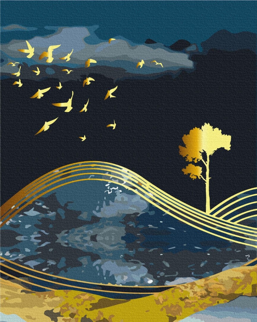Flock of golden birds flying over a dark night hill with wavy gold lines and a golden tree