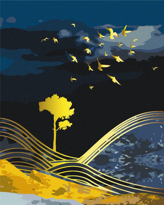 Golden birds flying over a glowing golden tree in a night landscape painting by numbers
