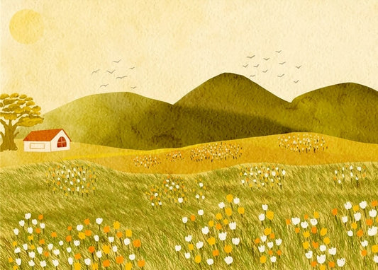 Watercolor illustration of a red-roofed cottage under a tree with golden hills and wildflowers