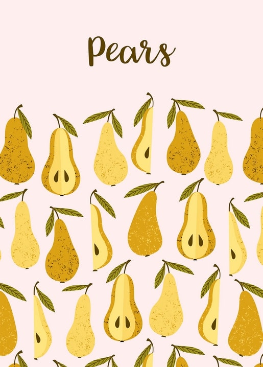 Pattern of textured golden pears with leaves and the word Pears