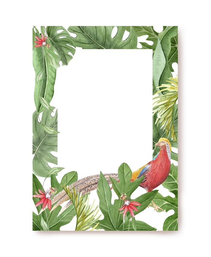 Golden pheasant on a branch framed by monstera leaves and red passion flowers