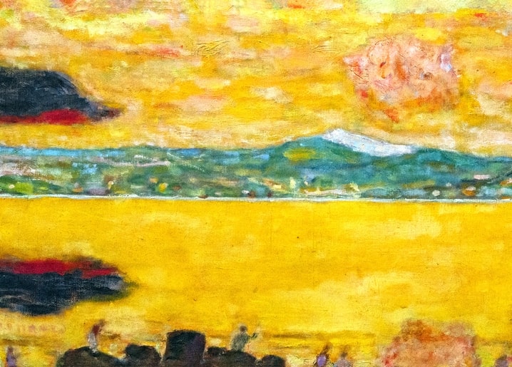 Bonnard postcard: golden sand and sky over a teal sea band, coral sun blush, and dark rocky headlands.