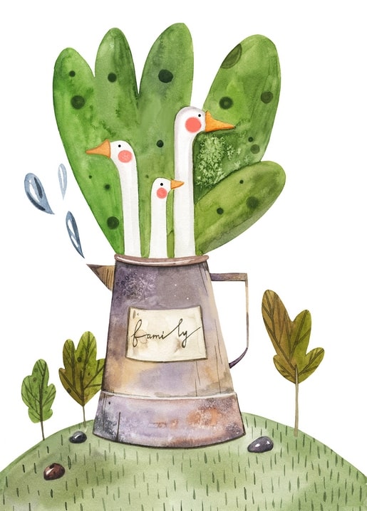Watercolor postcard of a goose family in a rustic watering can labeled 'family' with green leaves