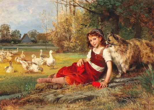 Genrebild eines Gänsemädchens, das sich mit ihrem Hund neben einer Gänseschar ausruht, von Anton Heinrich Dieffenbach