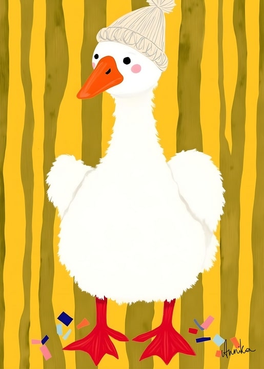 Illustration of a white goose wearing a knit beanie against yellow stripes with confetti