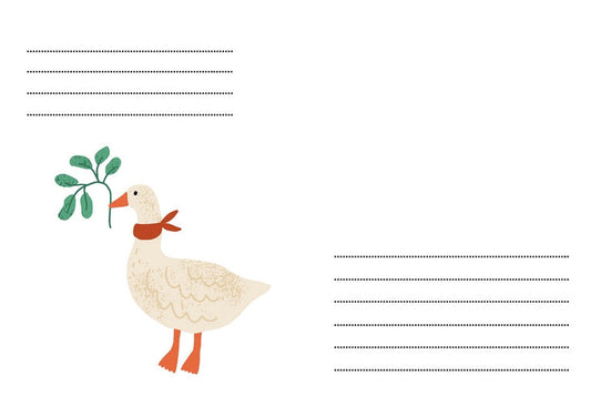 Illustrierte Gans mit orangefarbenem Halstuch und Grünzweig auf einem C6-Umschlag