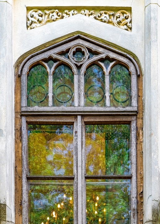 Carved Gothic stone window with leaded glass reflecting green summer foliage