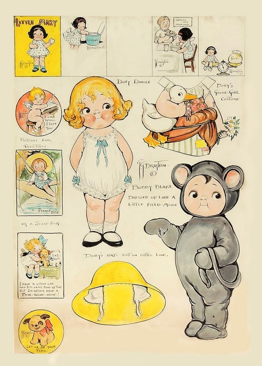 Старовинний аркуш паперової ляльки Грейс Дрейтон з костюмами гусопаски та польової мишки.