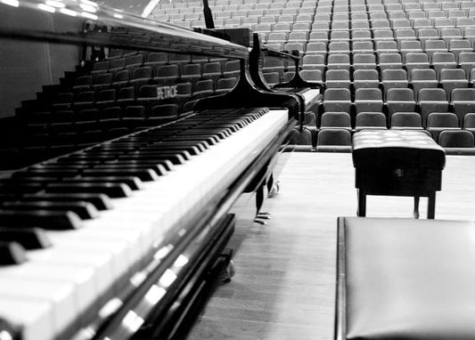 Petrof grand piano keys stretching toward rows of empty concert hall seats