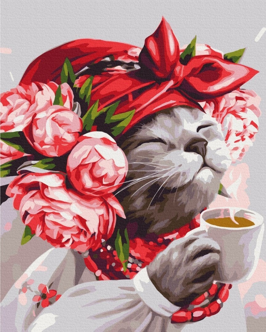 Painting-by-numbers design of a gray cat in a red hat with pink peonies, holding a cup of tea