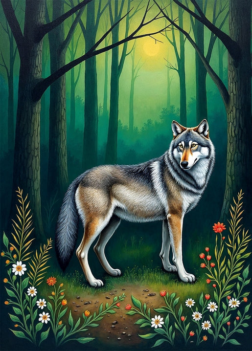 Illustrierter grauer Wolf zwischen Wildblumen in einem dämmrigen Wald, Kunst von AnniKa