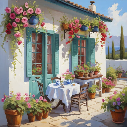 Greek terrace with teal shutters, a tea table, and a sea view