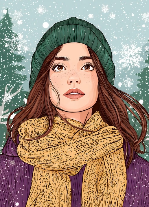 Illustriertes Porträt einer jungen Frau mit grüner Mütze und gelbem Schal im Schneetreiben