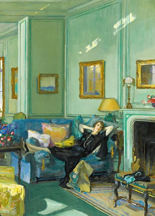 Sir John Lavery painting of a woman in black relaxing on a blue sofa in a green drawing room.