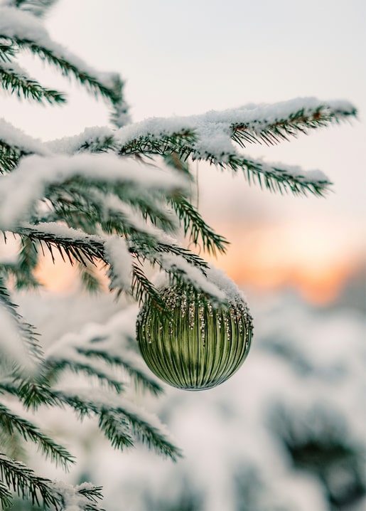 Frosted green ornament hanging on a snow-covered pine branch at sunset