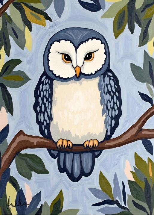 Illustration of a grey owl perched on a branch among painted leaves