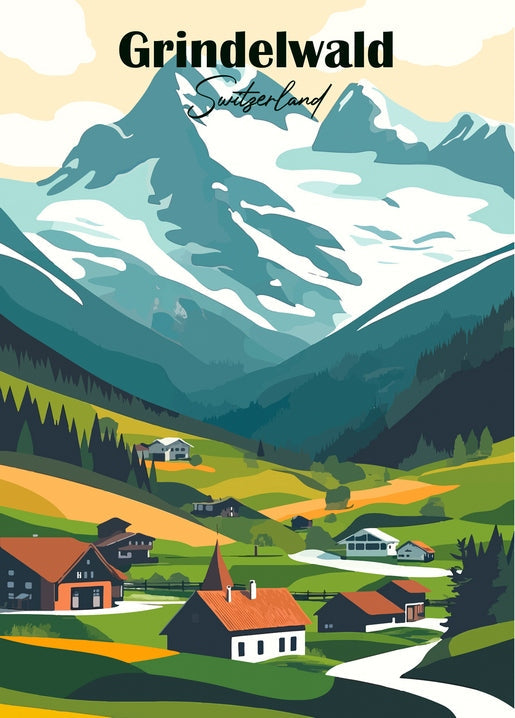 Retro-Reiseposter mit Alpendorf Grindelwald und schneebedeckten Gipfeln, Schweiz
