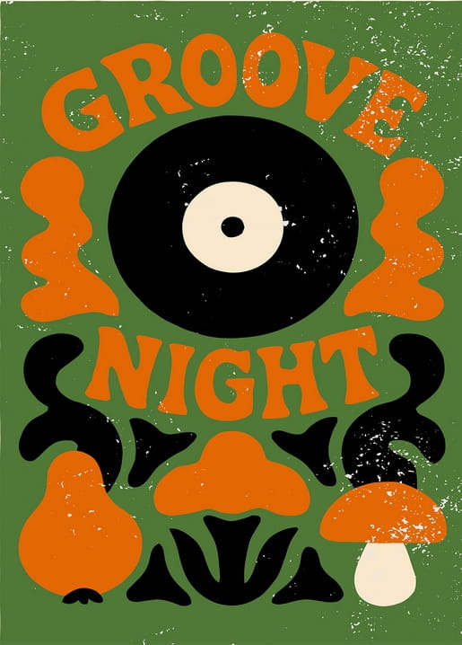 Ретро-листівка «Groove Night» з вінілом, грушею і грибом на зеленому тлі
