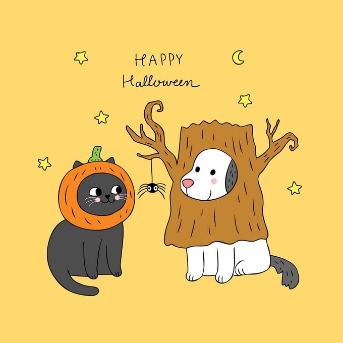Black cat in a pumpkin costume and a puppy peeking from a hollow tree trunk costume for Halloween