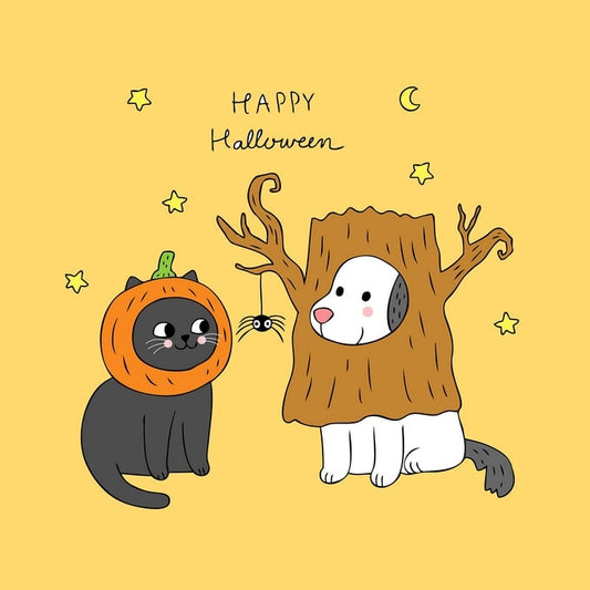 Black cat in a pumpkin costume and a puppy peeking from a hollow tree trunk costume for Halloween