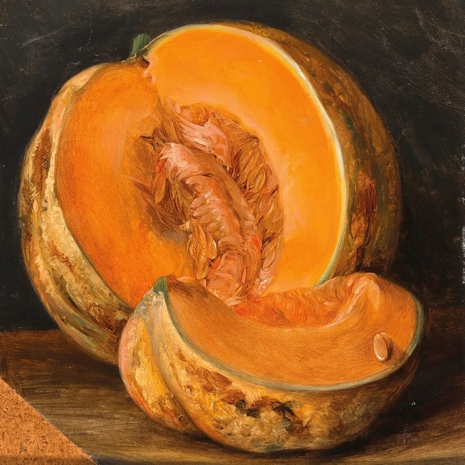 Still-life painting of a halved pumpkin with seeds on a dark table, by Josef Navrátil