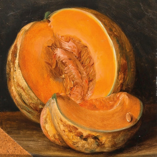 Still-life painting of a halved pumpkin with seeds on a dark table, by Josef Navrátil
