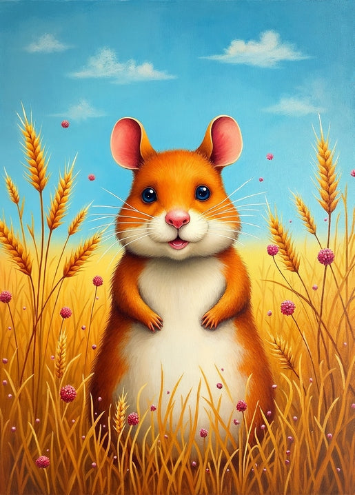 Illustrierter Hamster im goldenen Weizenfeld mit rosa Kleeblüten