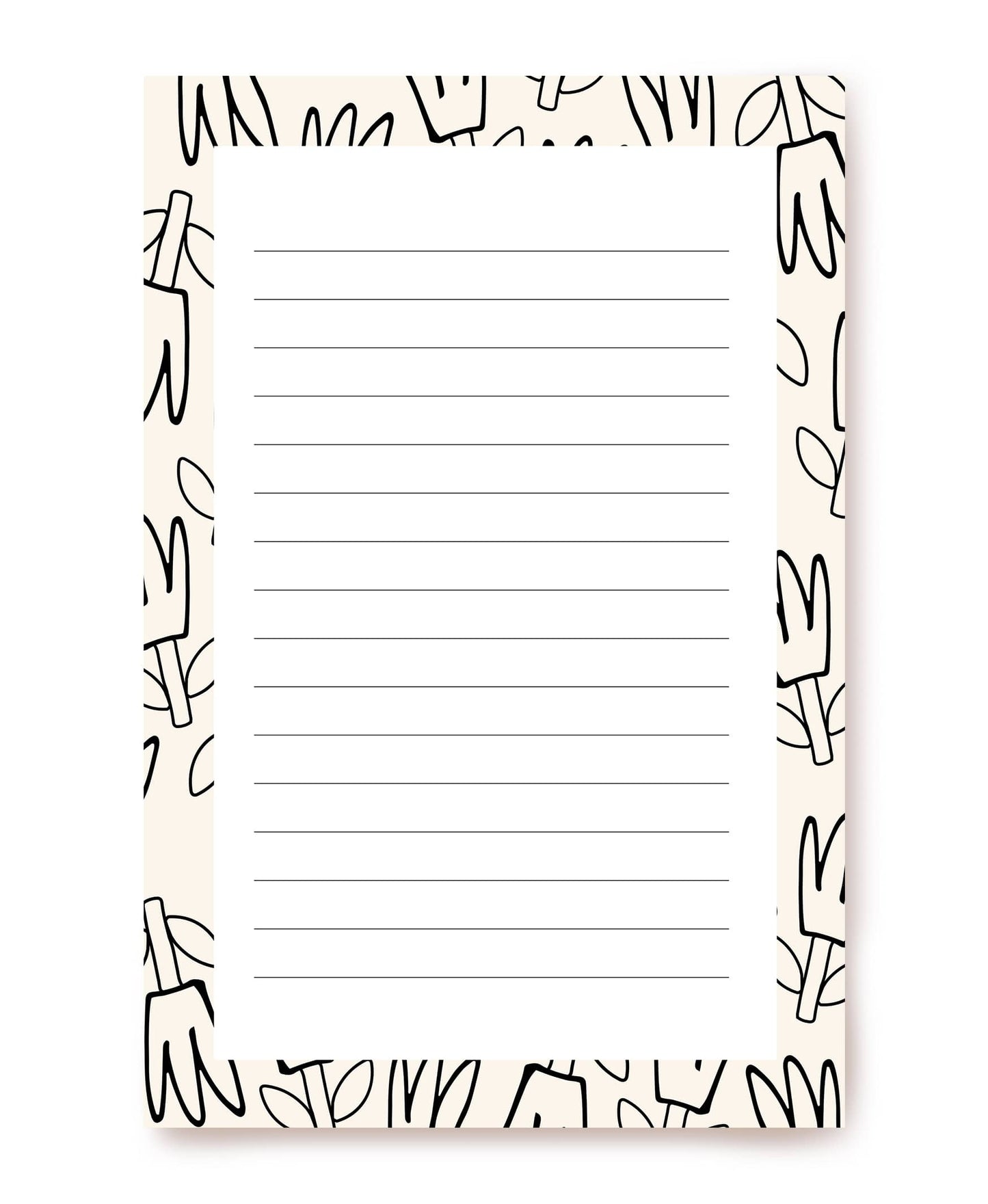 Cream writing paper bordered with hand-drawn black ink tulips