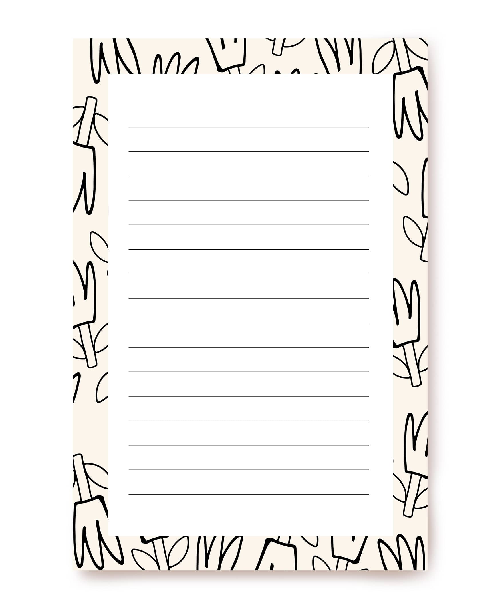 Cream writing paper bordered with hand-drawn black ink tulips
