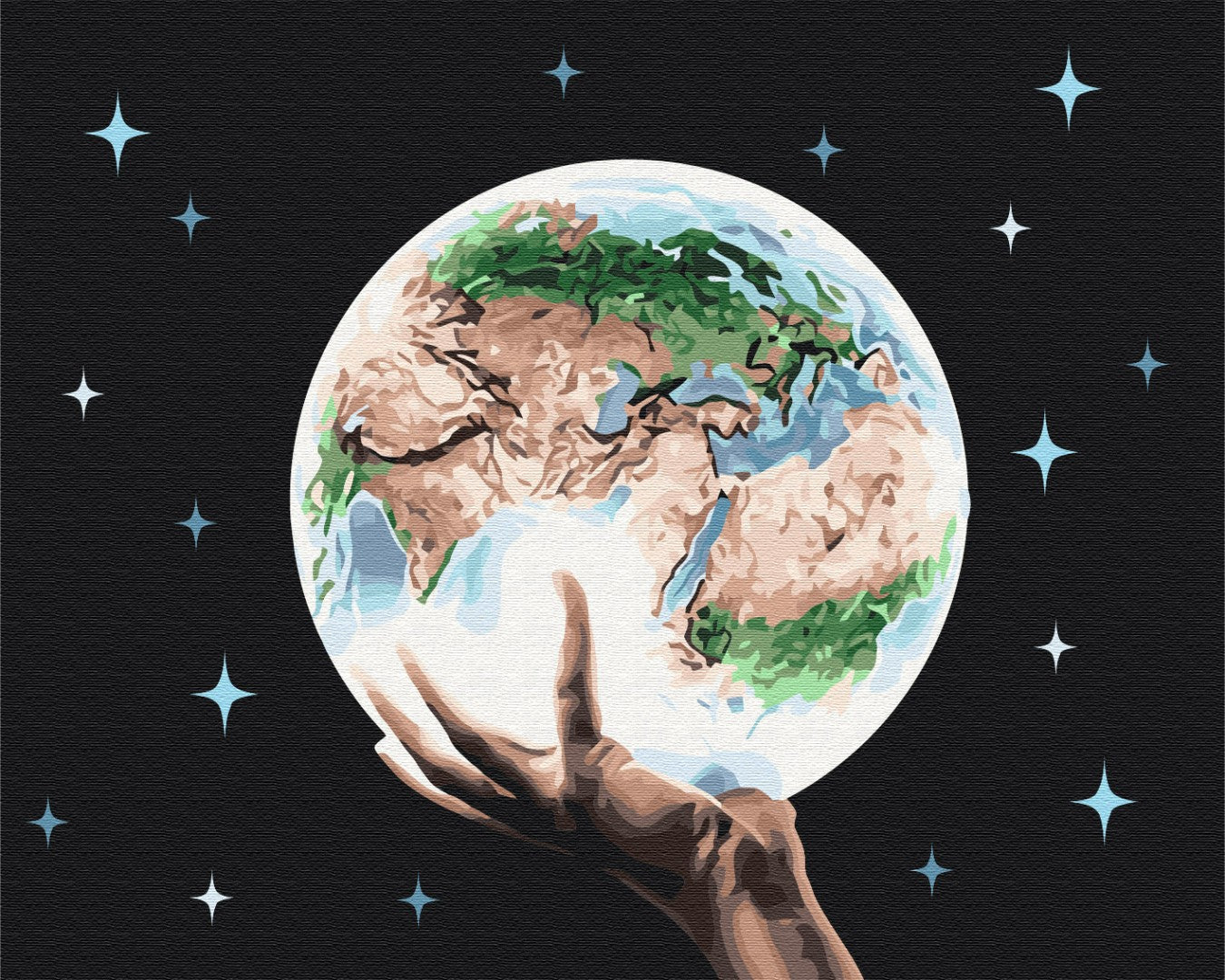 Hand holding a glowing planet Earth against a starry night sky, paint-by-numbers design