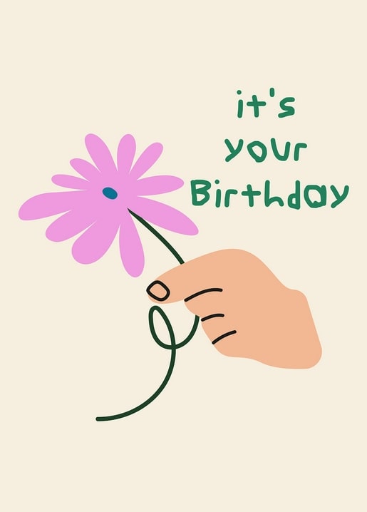 Мінімалістичний малюнок руки з рожевою квіткою і написом it's your Birthday