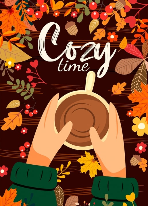 Top-down view of hands in green sweater sleeves holding a cocoa mug framed by autumn leaves