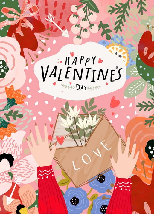 Illustration von Händen, die einen Kraftumschlag mit Blumen, einem Herz und dem Wort „Liebe“ öffnen