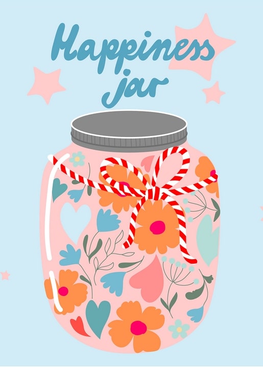 Pink mason jar filled with flowers, hearts, and a striped bow, labeled “Happiness Jar”