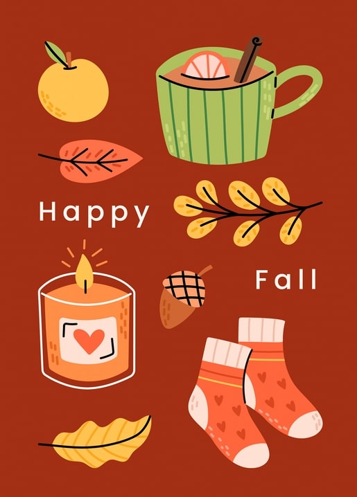 Flat-lay illustration of mulled wine, a heart candle, acorn and striped wool socks with 'Happy Fall' text