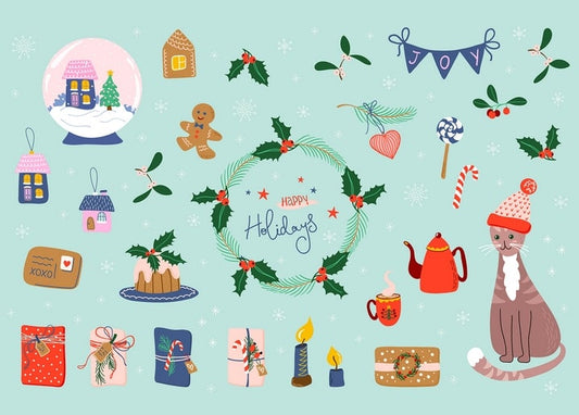 Teal holiday clip-art collage with snow globe, gingerbread man and wreath