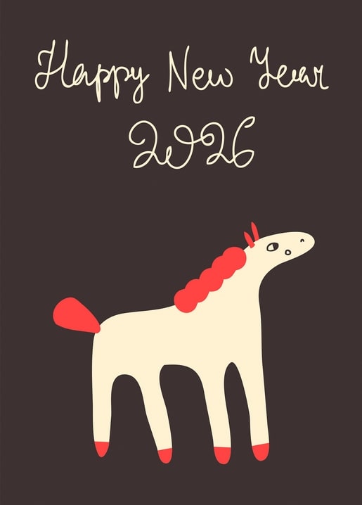 Cremefarbenes Pferd mit roter Mähne und Hufen unter handgeschriebenem 'Happy New Year 2026' auf dunkelbraunem Grund