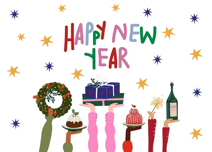 Hands holding a wreath, gift, pudding, sparkler and wine beneath ‘Happy New Year’ lettering