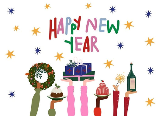 Hands holding a wreath, gift, pudding, sparkler and wine beneath ‘Happy New Year’ lettering