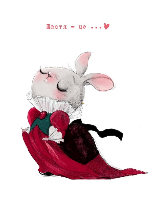Illustrated hare wearing a red gown, ruffled collar, and black cape, eyes closed