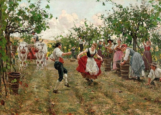 Gemälde von Raffaello Sorbi: Erntetanz im Weinberg mit Ochsenkarren