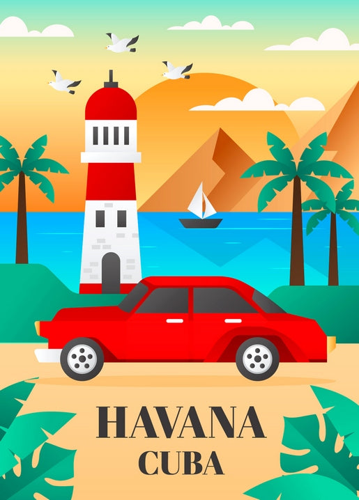 Retro-Postkarte von Havanna, Kuba mit rotem Oldtimer und gestreiftem Leuchtturm