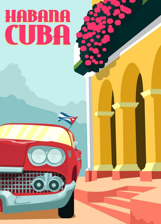 Retro-Reiseplakat mit Havanna, rotem Oldtimer und einer von Bougainvillea umrankten Kolonnade