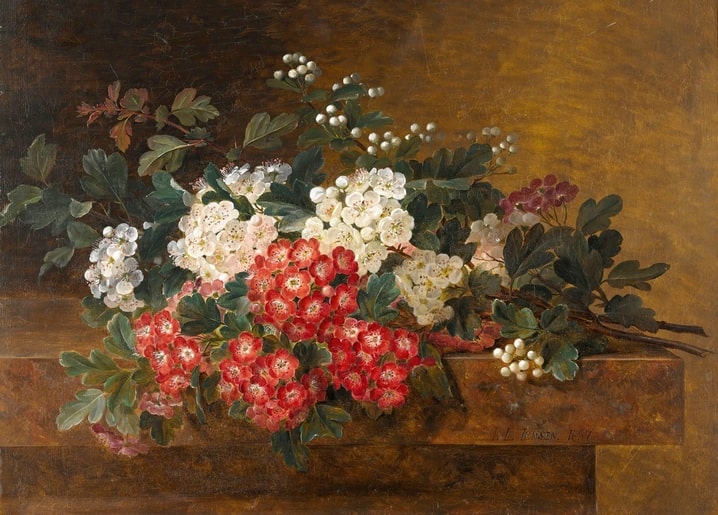 Still life painting of white and pink hawthorn blossom by Johan Laurentz Jensen