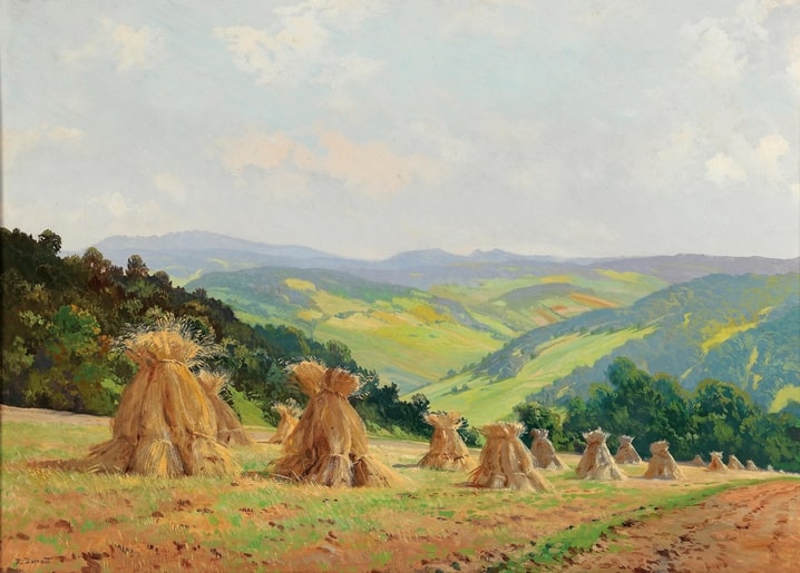 Gemälde: goldene Heuballen auf einem sonnigen Hang über einem grünen Tal mit fernen Hügeln.
