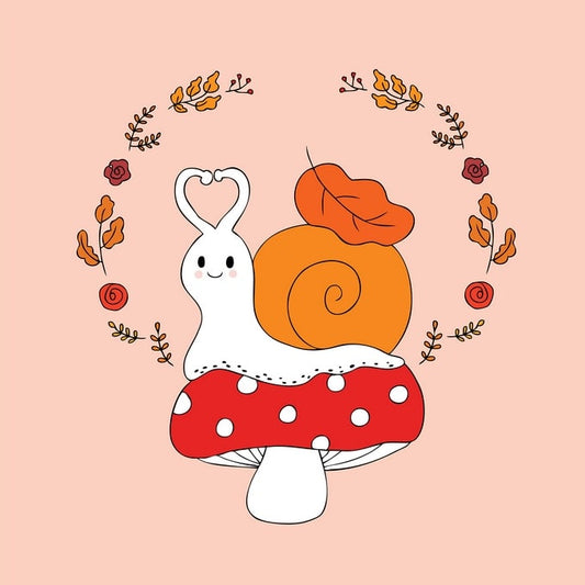 Illustrated white snail with heart-shaped antennae on a red toadstool framed by autumn leaves